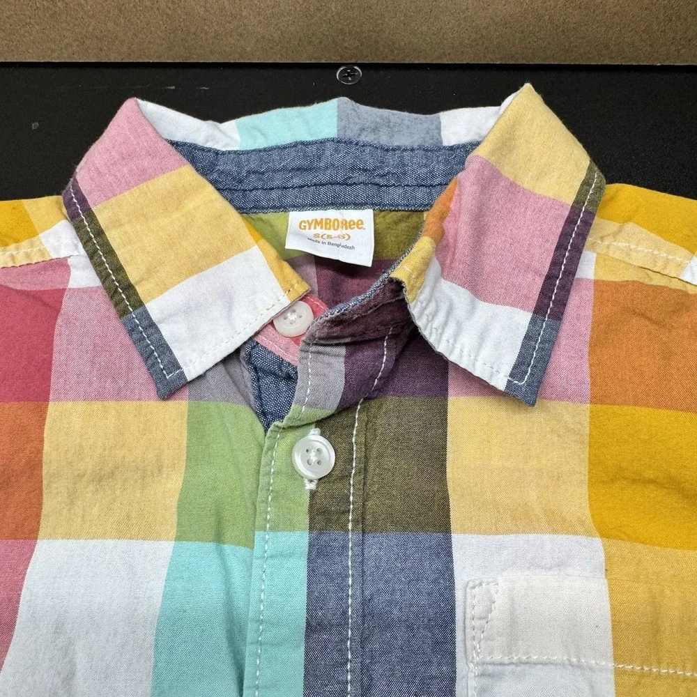 Gymboree Boys Rock Yellow‎ Blue Magenta Checkered Shirt Size S 5/6 Short Sleeve